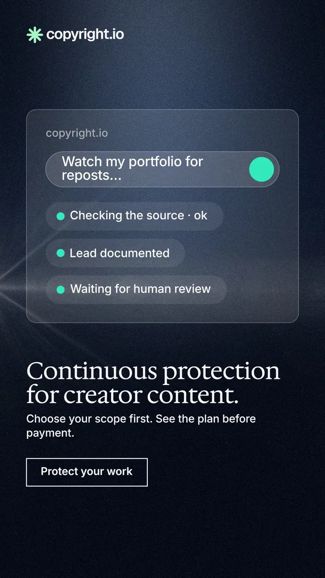 Instagram story for copyright.io: "Continuous protection for creator content." Dark deco style, bottom layout, dark palette in black, blue, grey.