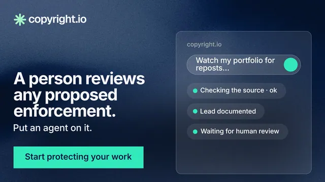 Landscape graphic for copyright.io: "A person reviews any proposed enforcement." Swiss style, bottom layout, dark palette in blue, teal.