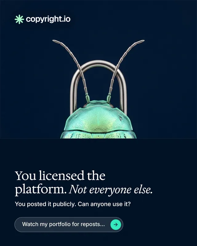 Instagram portrait post for copyright.io: "You licensed the platform. Not everyone else." Agentic glass style, bottom layout, dark palette in black, blue.