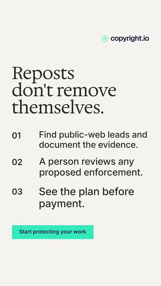Instagram story for copyright.io: "Reposts don't remove themselves." Swiss style, numbered layout, light palette in white, grey.