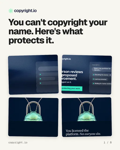 Carousel for copyright.io: "You can't copyright your name. Here's what protects it.". Collection carousel, 8 slides, light palette.