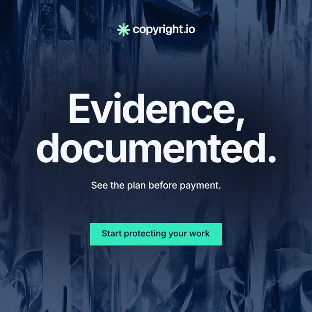 Instagram post for copyright.io: "Evidence, documented." Swiss style, centred layout, dark palette in blue, teal.
