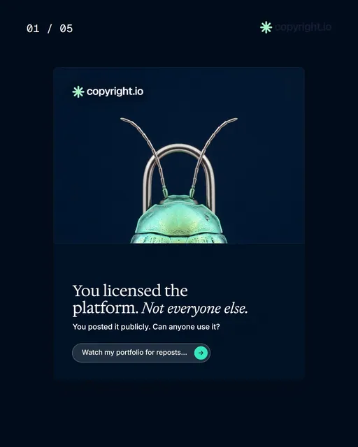 Video for copyright.io. Ad flipbook, 7.5 s, dark palette.