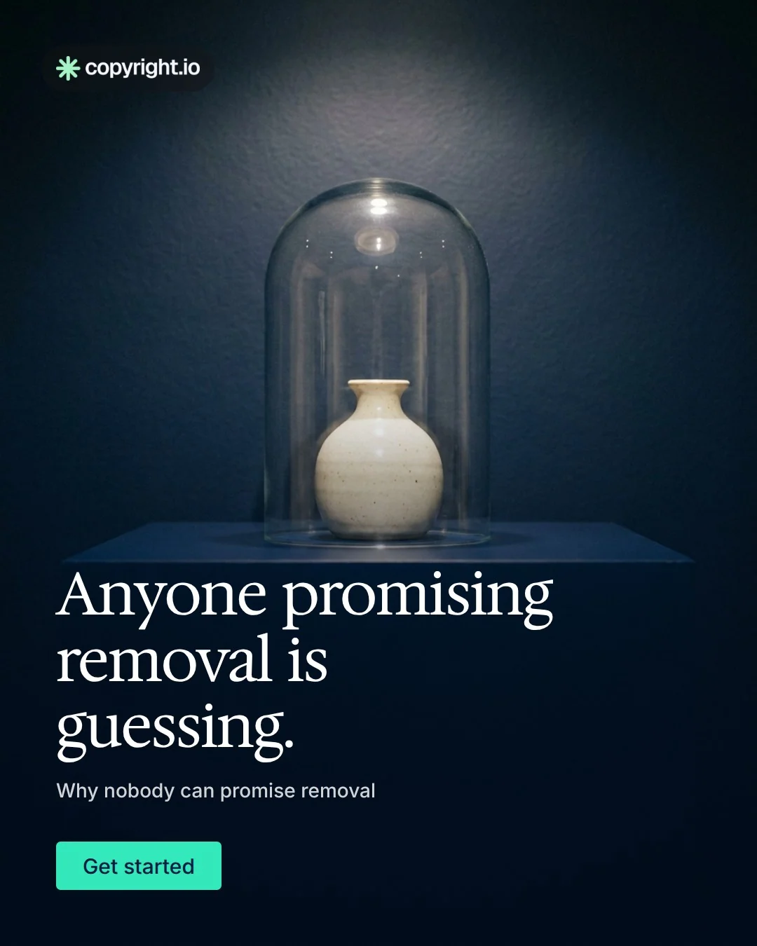 Video for copyright.io: "Anyone promising removal is guessing.". Doc motion loop, 6.0 s, dark palette.