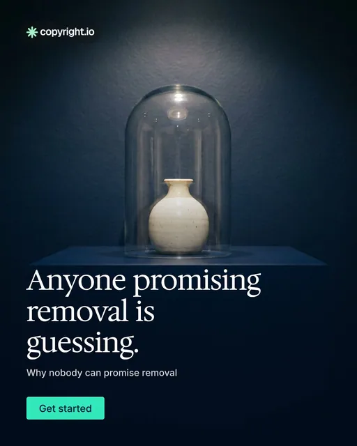 Video for copyright.io: "Anyone promising removal is guessing.". Doc motion loop, 6.0 s, dark palette.