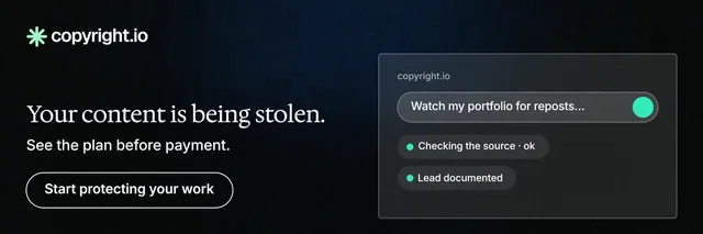 X header for copyright.io: "Your content is being stolen." Phosphor atlas style, bottom layout, dark palette in black, grey.