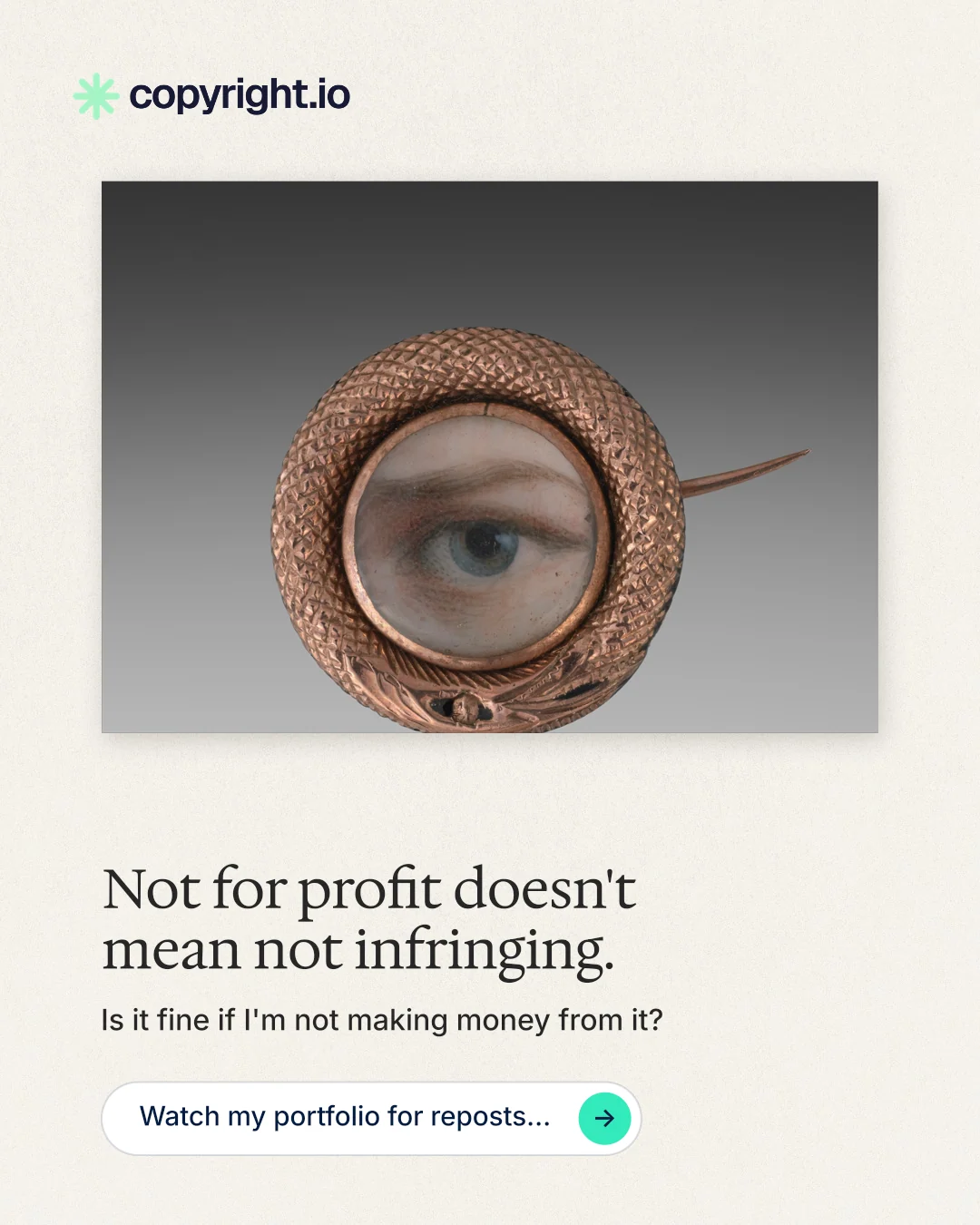 Instagram portrait post for copyright.io: "Not for profit doesn't mean not infringing." Agentic glass style, bottom layout, light palette in white, grey.