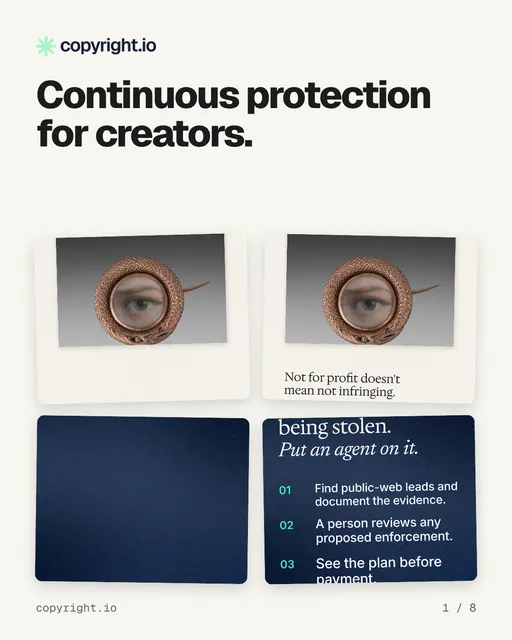 Carousel for copyright.io: "Continuous protection for creators.". Collection carousel, 8 slides, light palette.