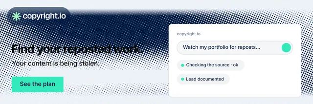 X header for copyright.io: "Find your reposted work." Swiss style, bottom layout, light palette in white, blue.