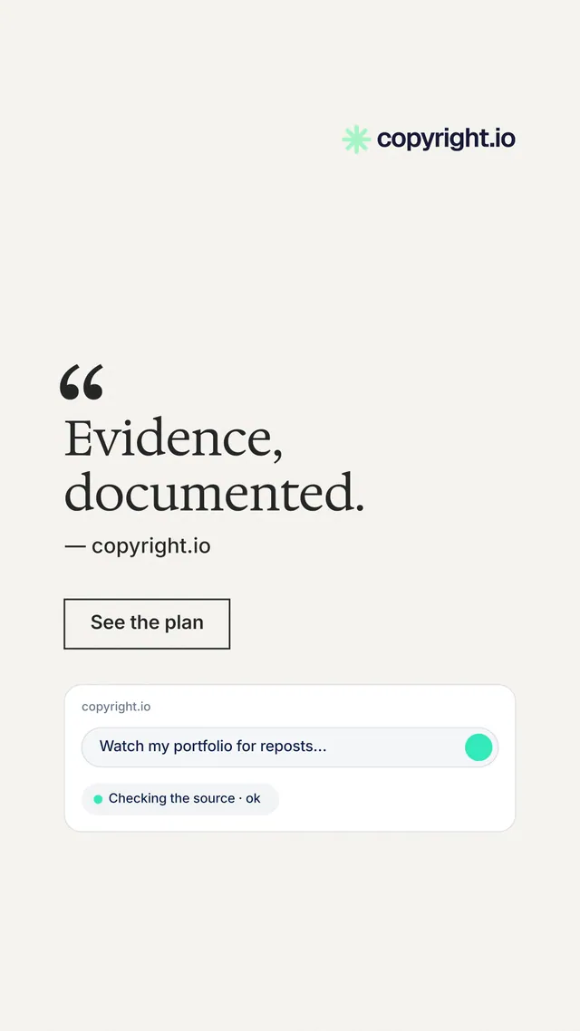 Instagram story for copyright.io: "Evidence, documented." Editorial style, quote layout, light palette in white.
