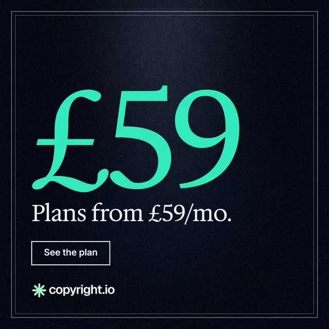 Instagram post for copyright.io: "Put an agent on it." Dark deco style, stat layout, dark palette in black, blue, teal.