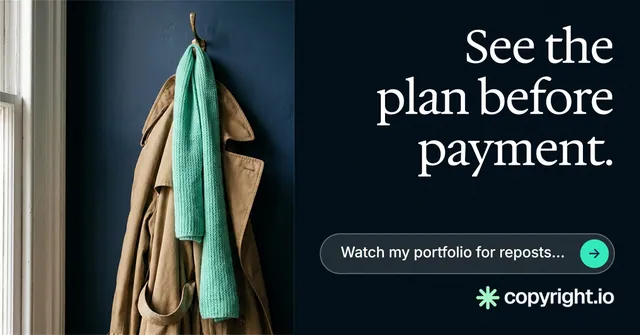 Social ad for copyright.io: "See the plan before payment." Agentic glass style, right layout, dark palette in black, grey.
