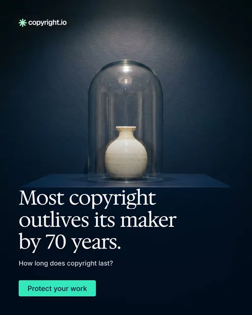 Video for copyright.io: "Most copyright outlives its maker by 70 years.". Doc motion loop, 8.0 s, dark palette.
