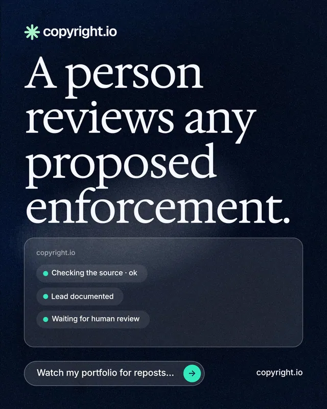 Instagram portrait post for copyright.io: "A person reviews any proposed enforcement." Thermal style, poster layout, dark palette in blue, black, grey.