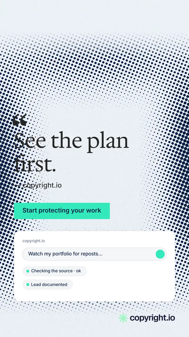 Instagram story for copyright.io: "See the plan first." Swiss style, quote layout, light palette in white, grey, blue.