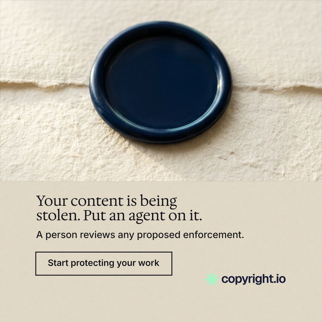Instagram post for copyright.io: "Your content is being stolen. Put an agent on it." Editorial style, bottom layout, light palette in orange, yellow, grey.