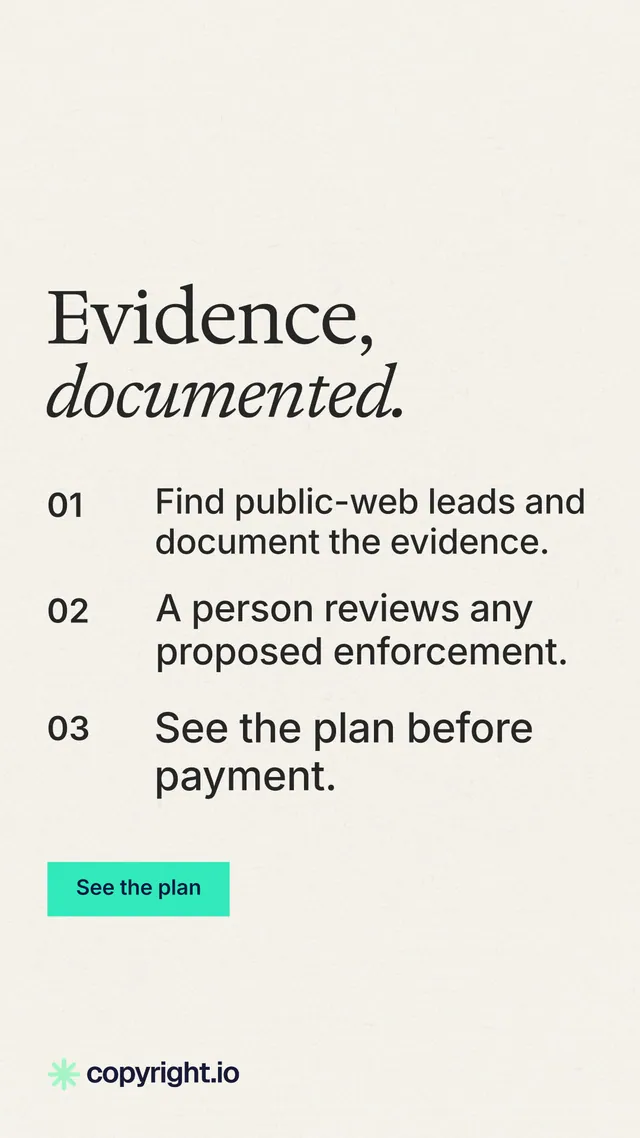 Instagram story for copyright.io: "Evidence, documented." Swiss style, numbered layout, light palette in white.