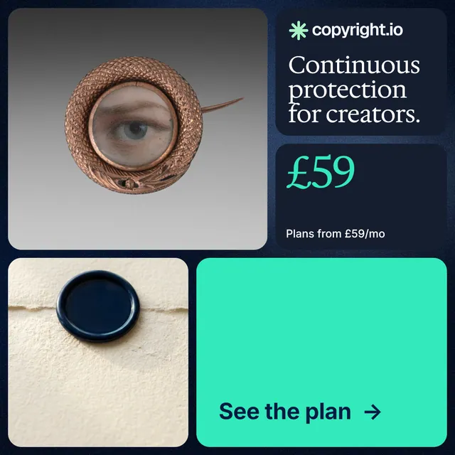 Instagram post for copyright.io: "Continuous protection for creators." Agentic glass style, bento layout, light palette in grey, blue, teal.