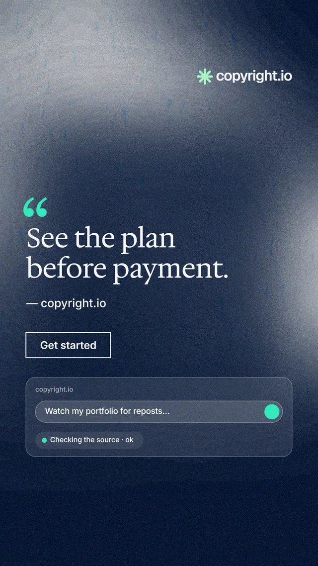 Instagram story for copyright.io: "See the plan before payment." Cyanotype style, quote layout, dark palette in blue, grey.