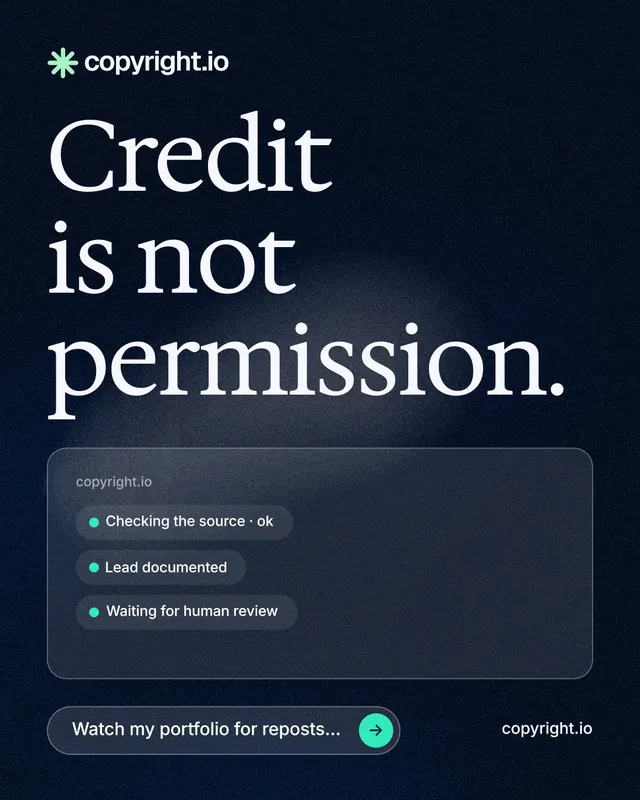 Instagram portrait post for copyright.io: "Credit is not permission." Thermal style, poster layout, dark palette in blue, black, grey.