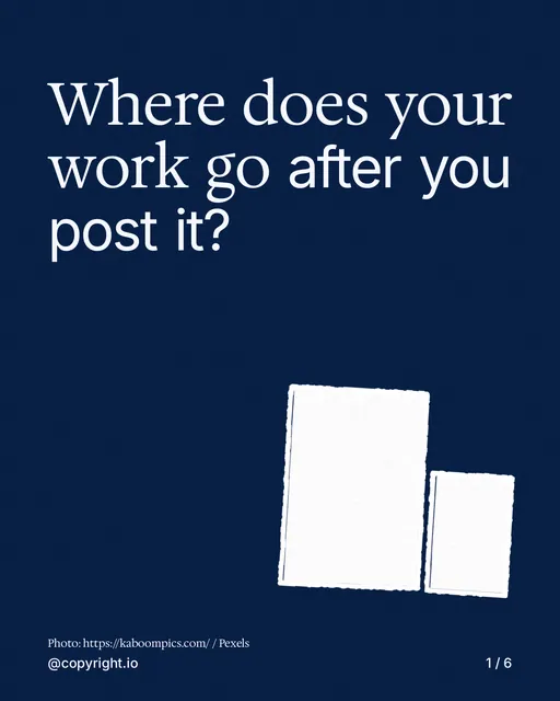 Carousel for copyright.io: "Where does your work go after you post it?". Cutout essay, 6 slides, dark palette.