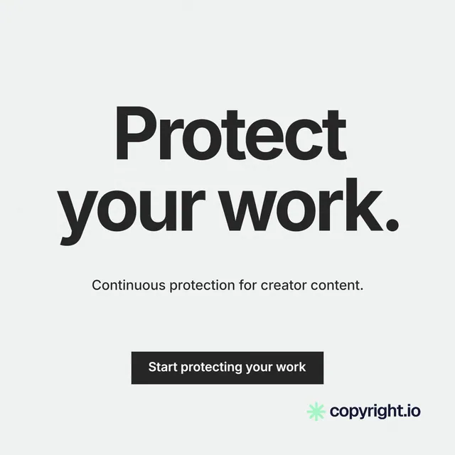 Instagram post for copyright.io: "Protect your work." Swiss style, centred layout, light palette in white, grey.