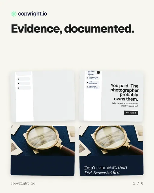 Carousel for copyright.io: "Evidence, documented.". Collection carousel, 8 slides, light palette.