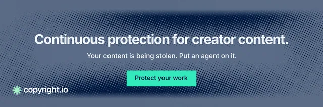 X header for copyright.io: "Continuous protection for creator content." Swiss style, centred layout, dark palette in blue.