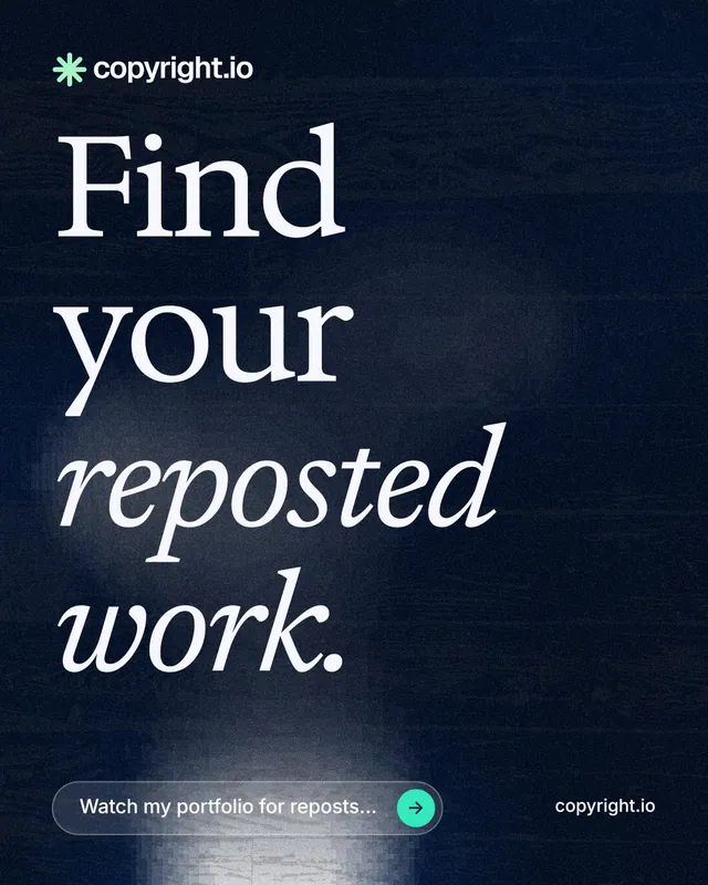 Instagram portrait post for copyright.io: "Find your reposted work." Thermal style, poster layout, dark palette in blue, black, grey.