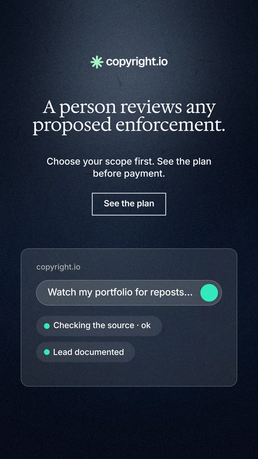 Instagram story for copyright.io: "A person reviews any proposed enforcement." Dark deco style, centred layout, dark palette in blue, black, grey.