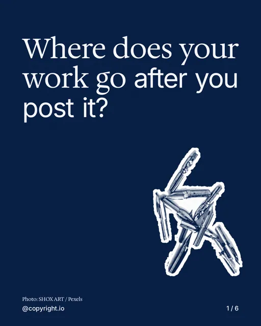 Carousel for copyright.io: "Where does your work go after you post it?". Cutout essay, 6 slides, dark palette.