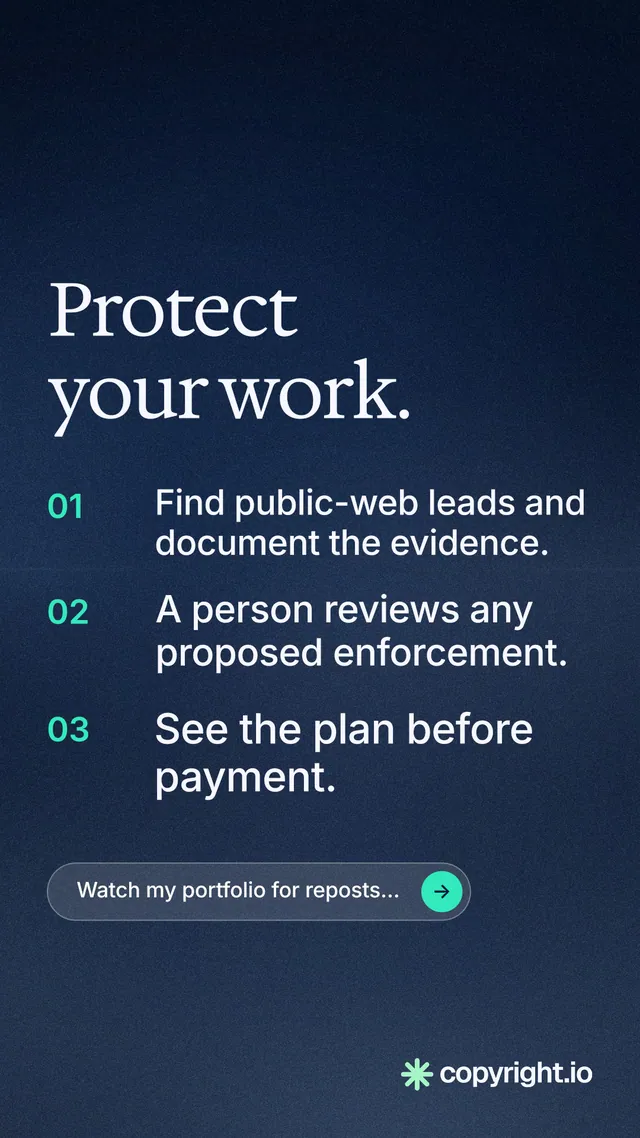 Instagram story for copyright.io: "Protect your work." Agentic glass style, numbered layout, dark palette in blue, black, grey.