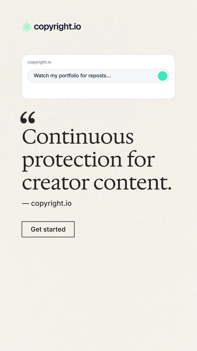 Instagram story for copyright.io: "Continuous protection for creator content." Editorial style, quote layout, light palette in white.