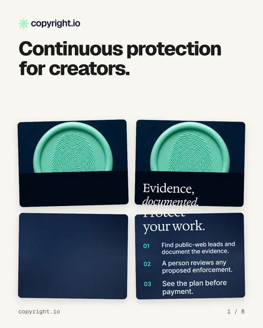 Carousel for copyright.io: "Continuous protection for creators.". Collection carousel, 8 slides, light palette.