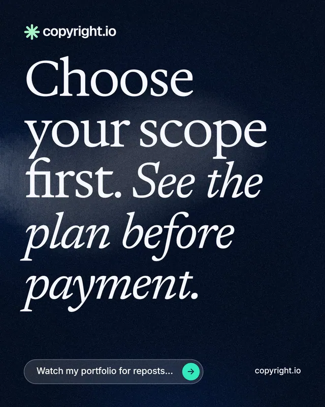Instagram portrait post for copyright.io: "Choose your scope first. See the plan before payment." Thermal style, poster layout, dark palette in black, blue, grey.