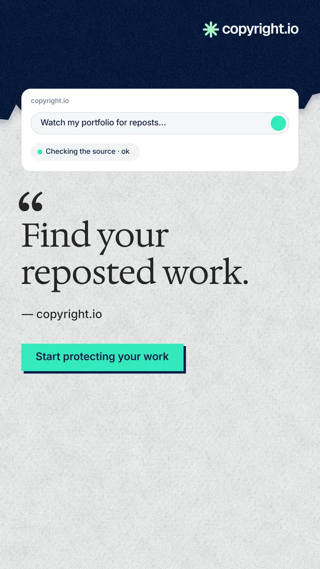 Instagram story for copyright.io: "Find your reposted work." Paper trio style, quote layout, light palette in white, blue.