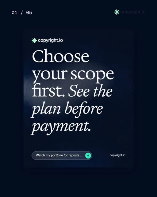 Video for copyright.io. Ad flipbook, 7.5 s, dark palette.