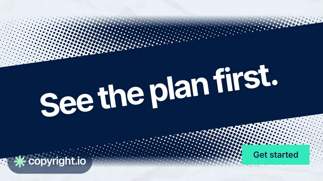 Landscape graphic for copyright.io: "See the plan first." Swiss style, diagonal layout, dark palette in blue, teal, grey.