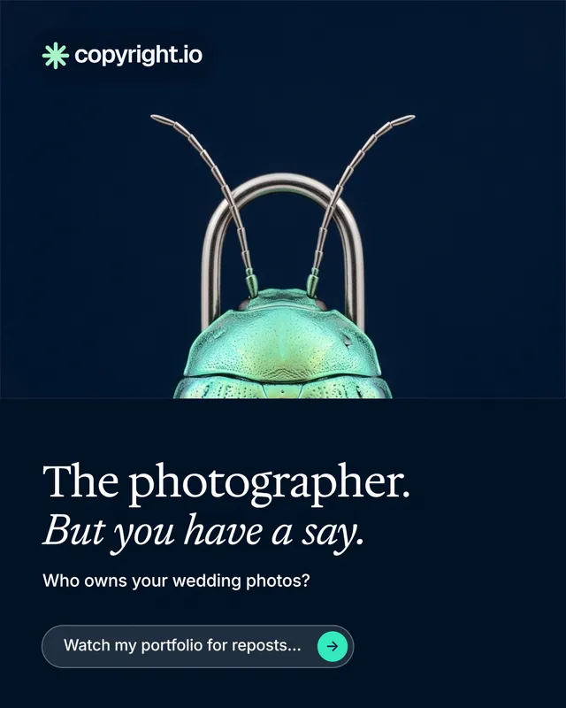 Instagram portrait post for copyright.io: "The photographer. But you have a say." Agentic glass style, bottom layout, dark palette in black, blue.