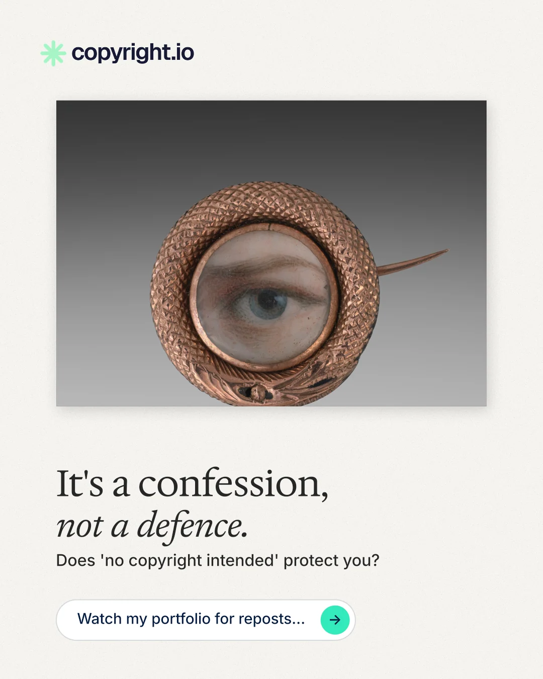 Instagram portrait post for copyright.io: "It's a confession, not a defence." Agentic glass style, bottom layout, light palette in white, grey.