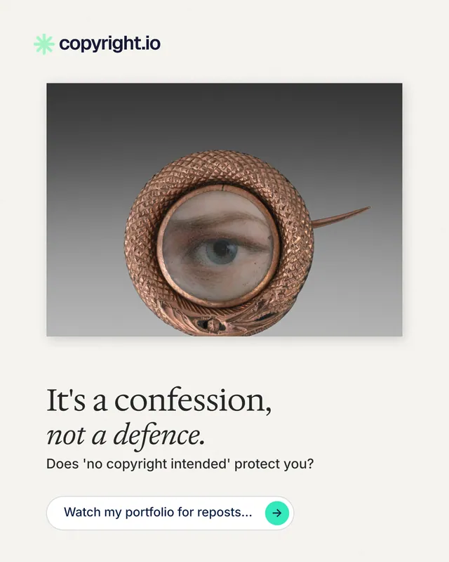 Instagram portrait post for copyright.io: "It's a confession, not a defence." Agentic glass style, bottom layout, light palette in white, grey.