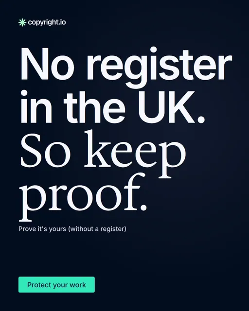 Video for copyright.io: "No register in the UK. So keep proof.". Doc motion loop, 6.0 s, dark palette.