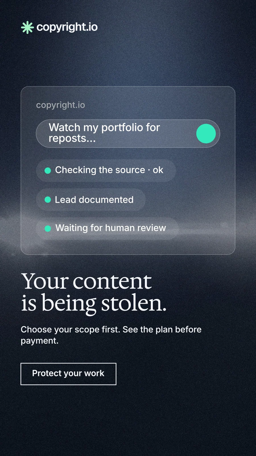 Instagram story for copyright.io: "Your content is being stolen." Dark deco style, bottom layout, dark palette in blue, black, grey.