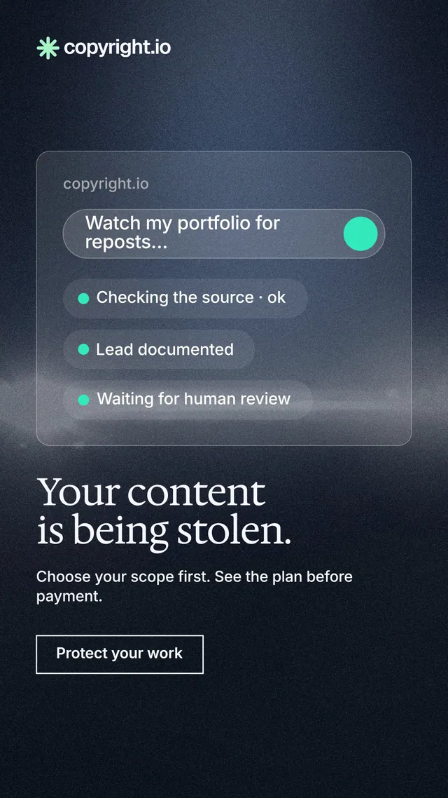 Instagram story for copyright.io: "Your content is being stolen." Dark deco style, bottom layout, dark palette in blue, black, grey.