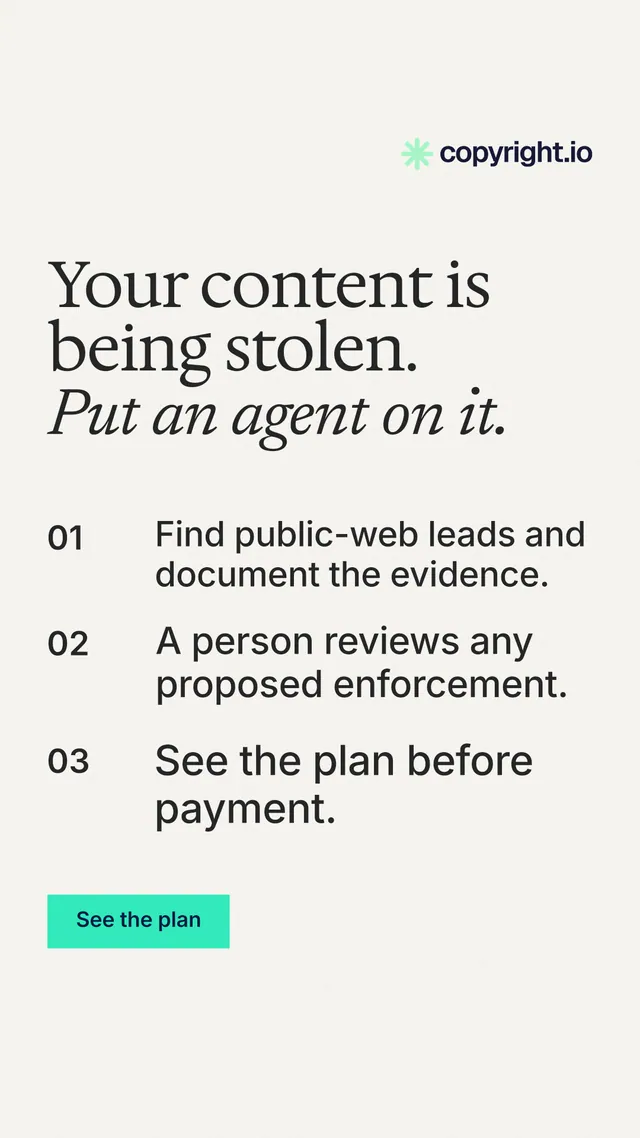 Instagram story for copyright.io: "Your content is being stolen. Put an agent on it." Swiss style, numbered layout, light palette in white, grey.