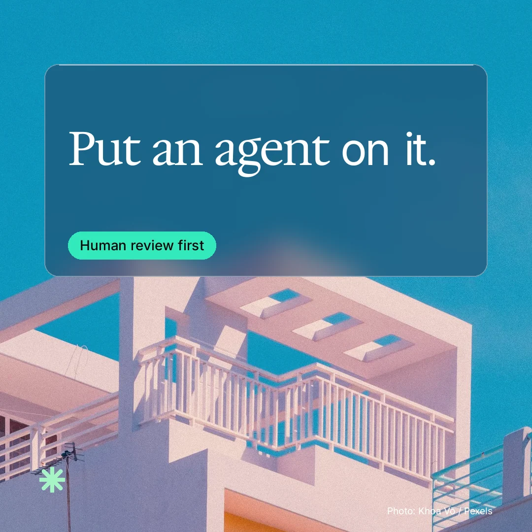 Instagram post for copyright.io: "Put an agent on it." Glass style, technique:pexels ingredient layout, light palette in blue, teal, grey.