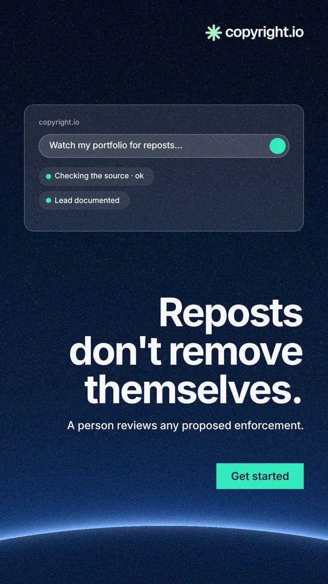 Instagram story for copyright.io: "Reposts don't remove themselves." Swiss style, right layout, dark palette in blue, black.