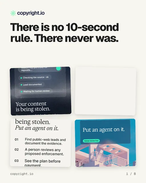 Carousel for copyright.io: "There is no 10-second rule. There never was.". Collection carousel, 8 slides, light palette.