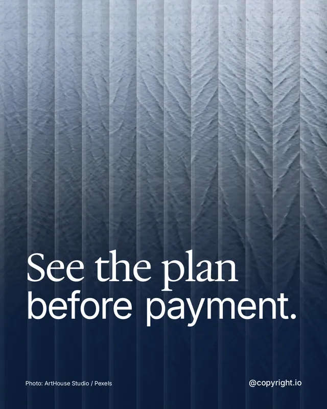 Instagram portrait post for copyright.io: "See the plan before payment." Photo style, technique:fluted glass layout, dark palette in blue, grey.