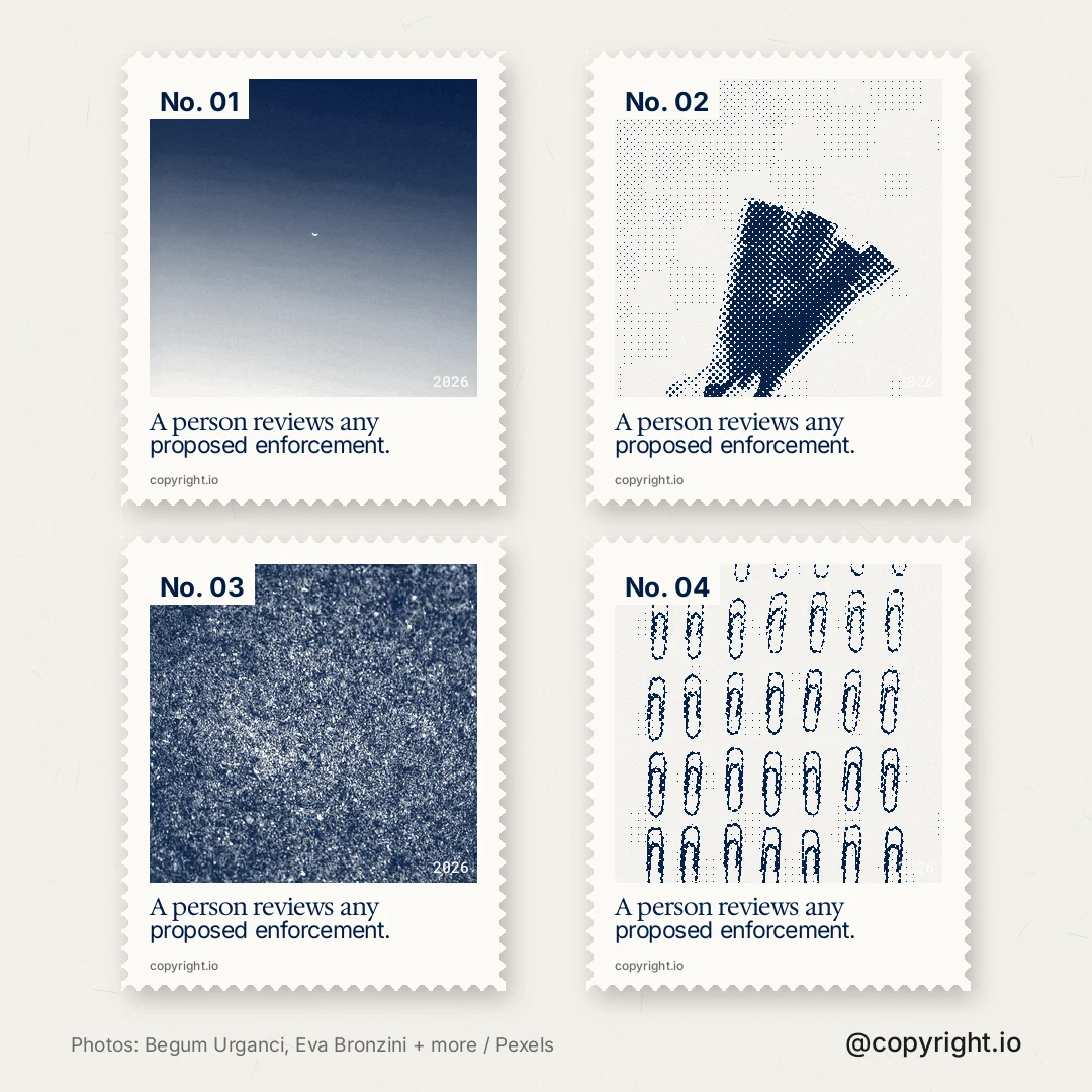 Instagram post for copyright.io: "A person reviews any proposed enforcement." Sheet style, technique:stamp series layout, light palette in white, grey.